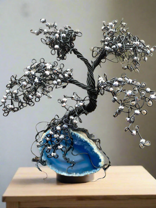 Black wire bonsai tree with silver beads