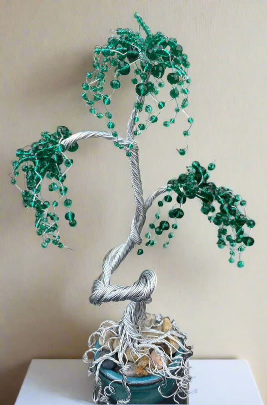 Silver Wire Tree with Green Beads 